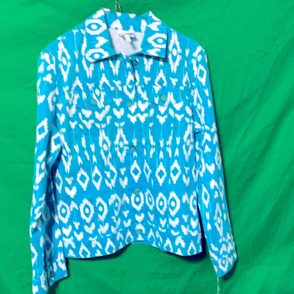 Blue/Teal and white southwestern design denim jacket. NWT